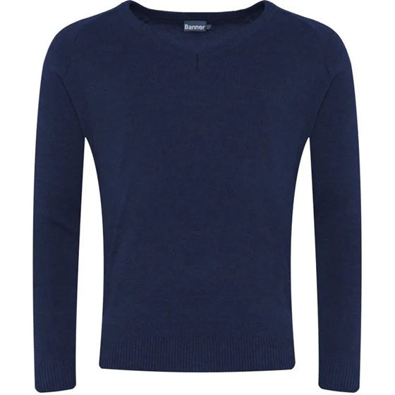 Knitted V-Neck Jumper - Navy Plain