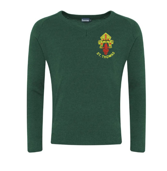 St Thomas Catholic-Knitted V-Neck Jumper - Green