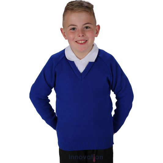 Knitted V-Neck Jumper Age 4 - 12 - Plain - Royal